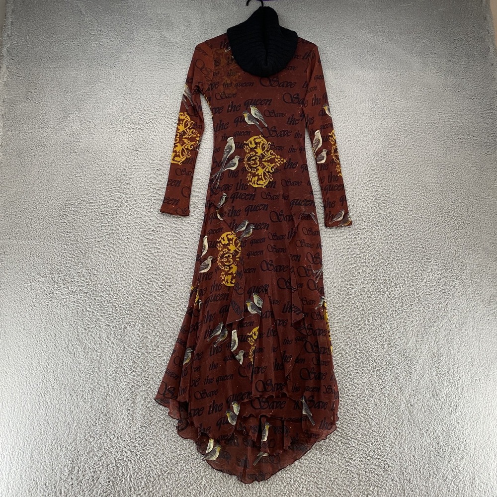 Save The Queen‎ Dress Womens Medium Brown Cowl Neck Y2K Birds Mesh Italy